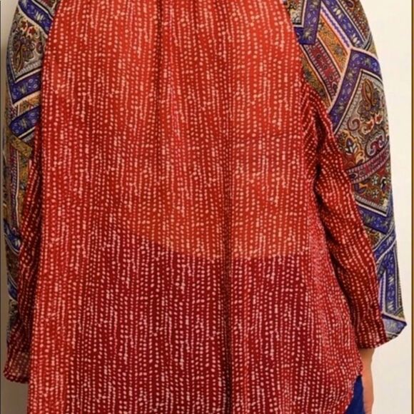 Round Tassel Tie Neckline Multicolor Tribal Lightweight Blouse - Picture 3 of 4